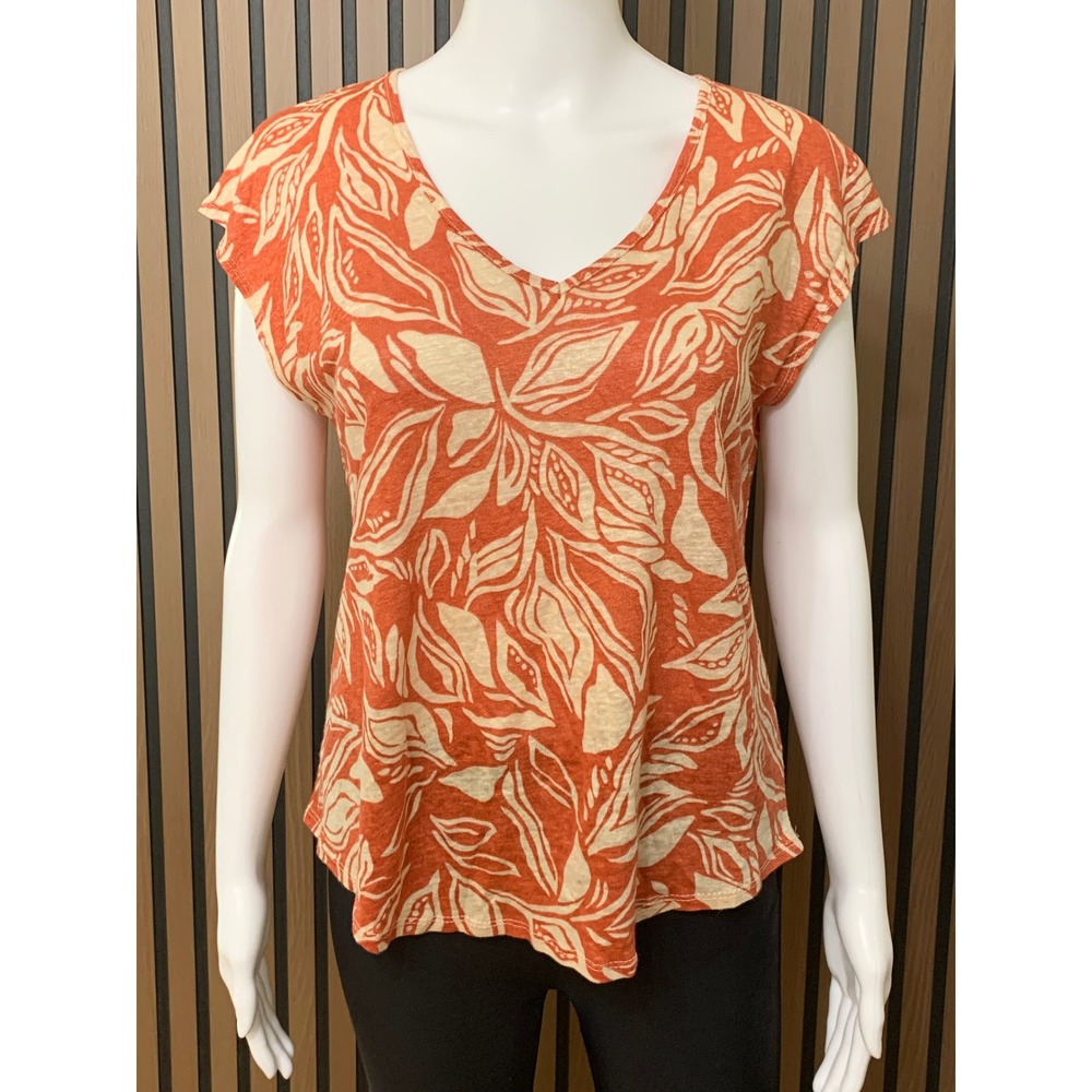 C&C California Orange Leaf Print 100% Linen V-Neck Cap Sleeve Top Classic